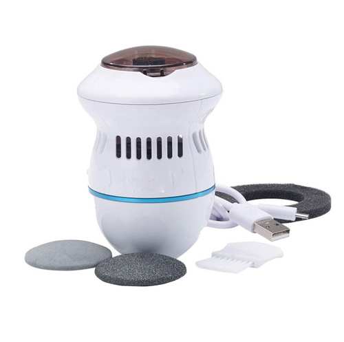 Glowly electric callus remover with 2 roller heads, USB cable, cleaning brush and sponge ring on a white background
