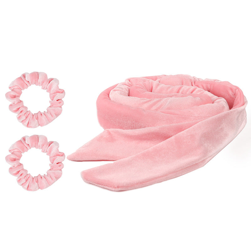 Pink velvet heatless curling rod with 2 matching scrunchies