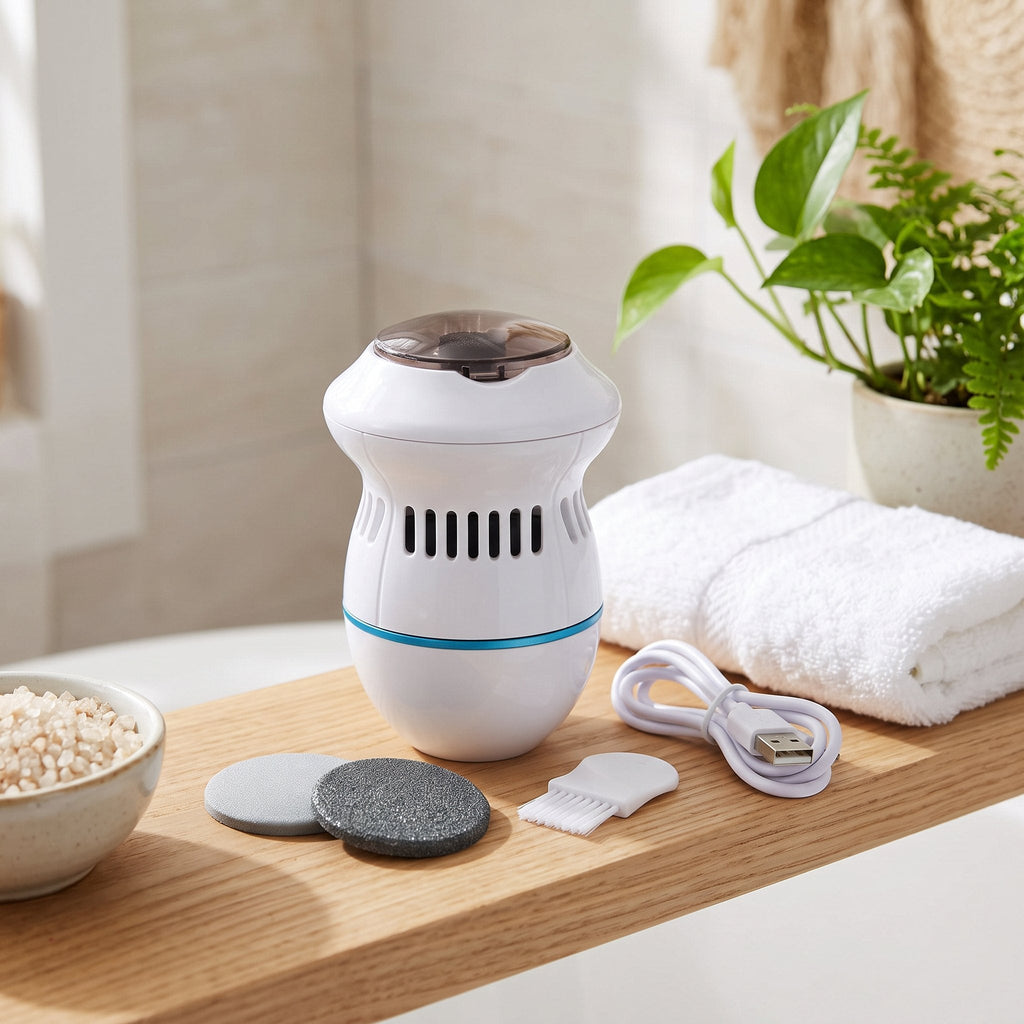 Electric callus remover with two roller heads, cleaning brush and USB cable on a bathroom shelf