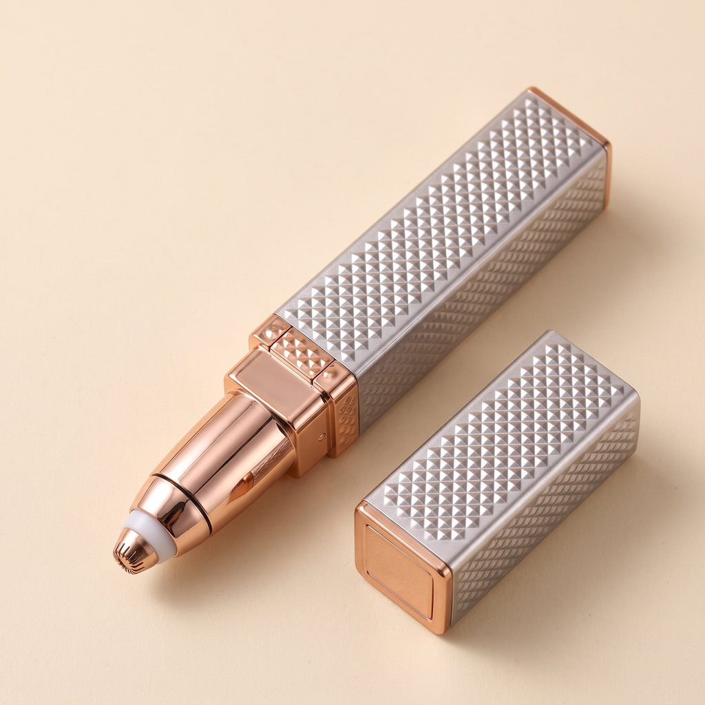 Close-up of the facial hair remover pen head and quilted body with its cap