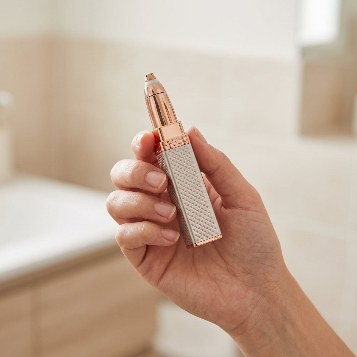 Facial hair remover pen held in a hand, about lipstick size