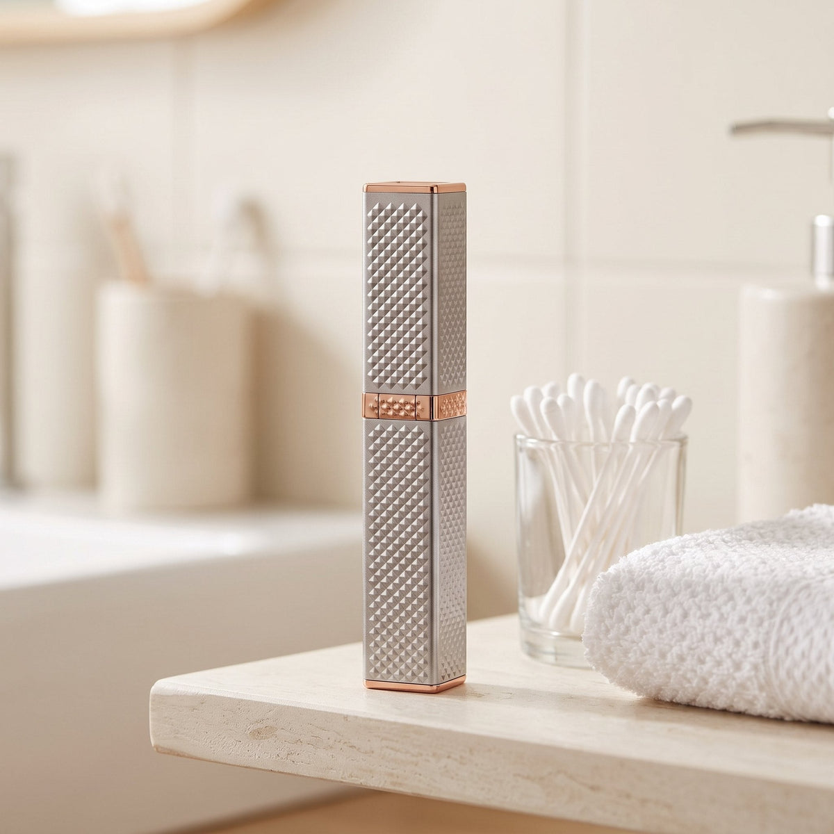 Facial hair remover pen with cap on a bathroom shelf