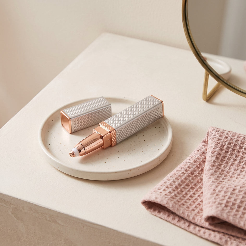 Facial hair remover pen and its cap on a ceramic tray