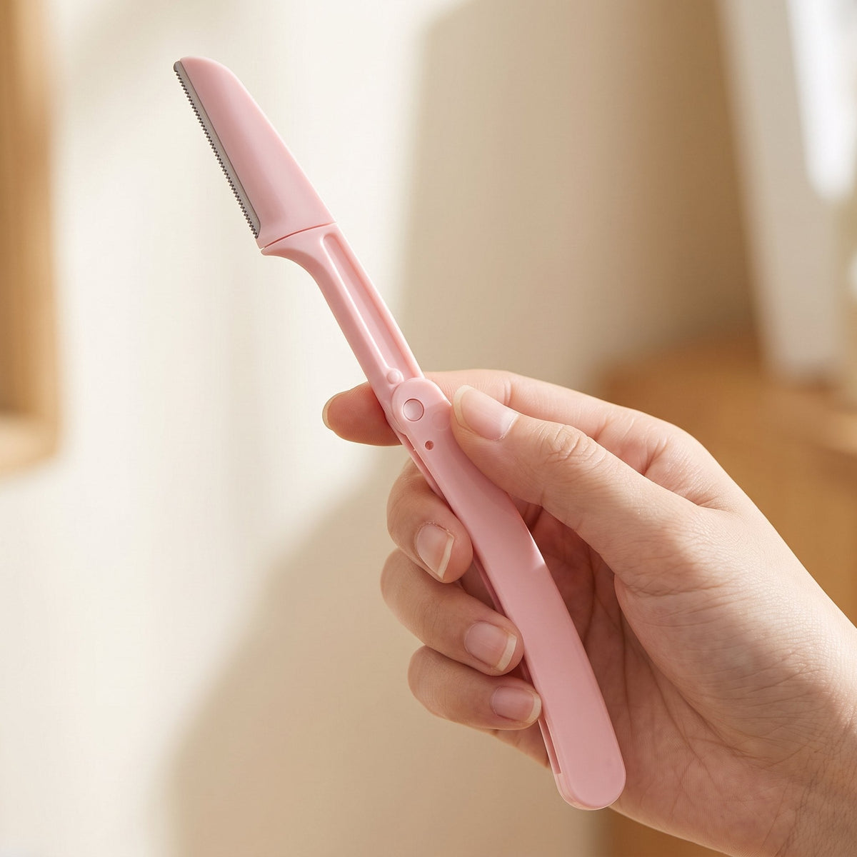 Pink folding face razor held in a hand, unfolded
