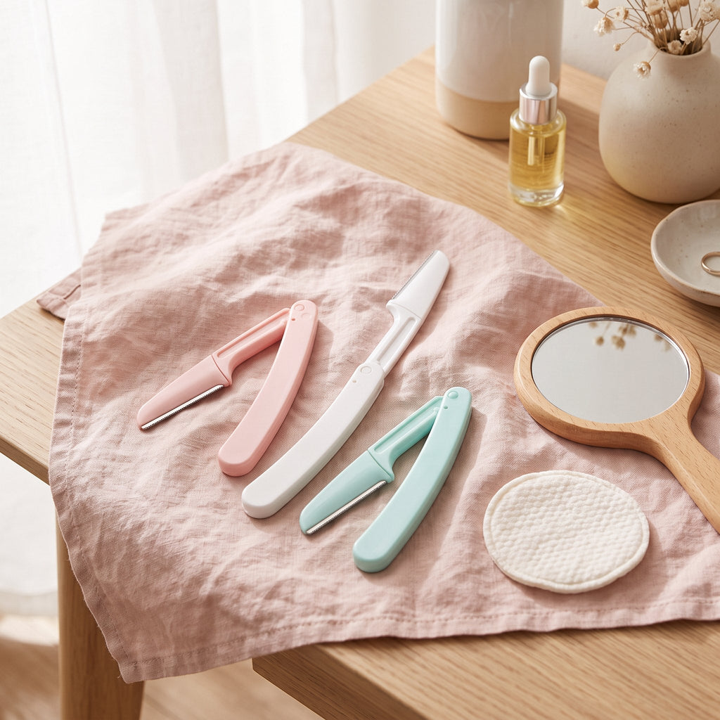 Folding face razors in pink, white and mint on a linen cloth beside a hand mirror