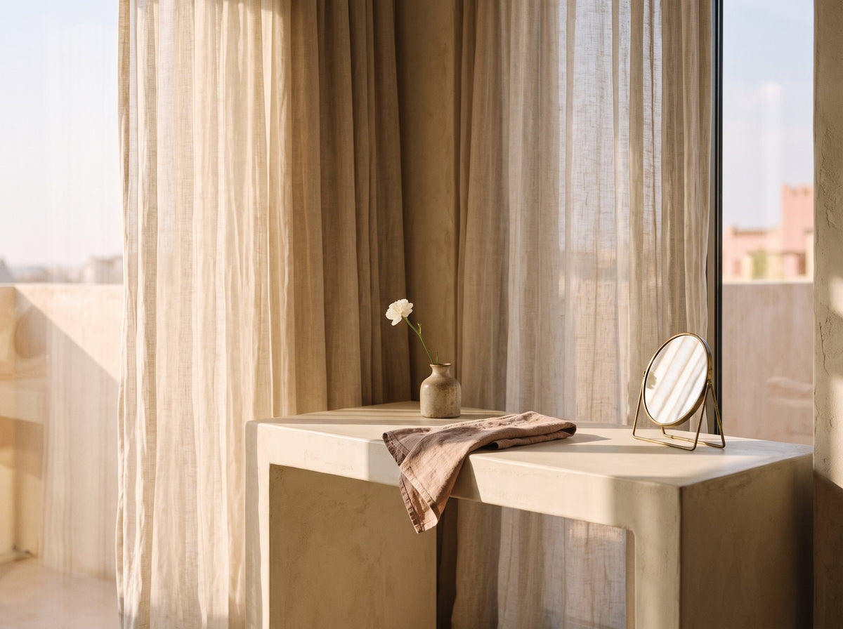 Cream dressing table by a window with a small vase and mirror