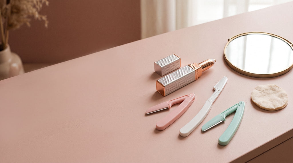 Smooth Face Set: facial hair remover pen and folding face razors on a vanity