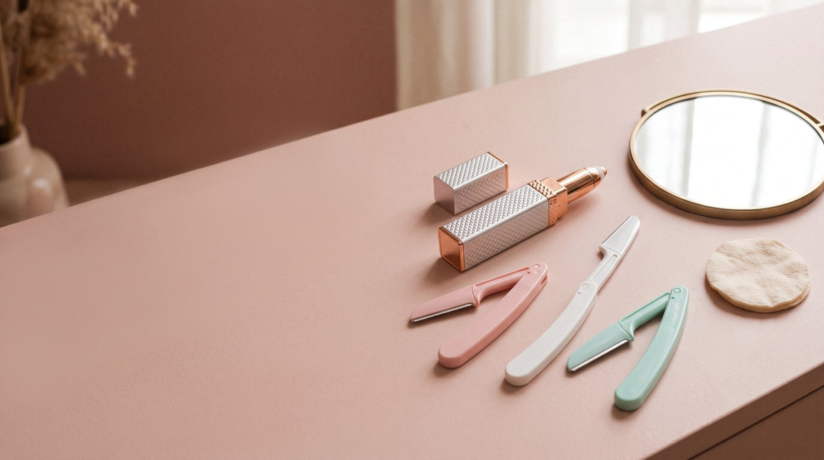 Smooth Face Set: facial hair remover pen and folding face razors on a vanity