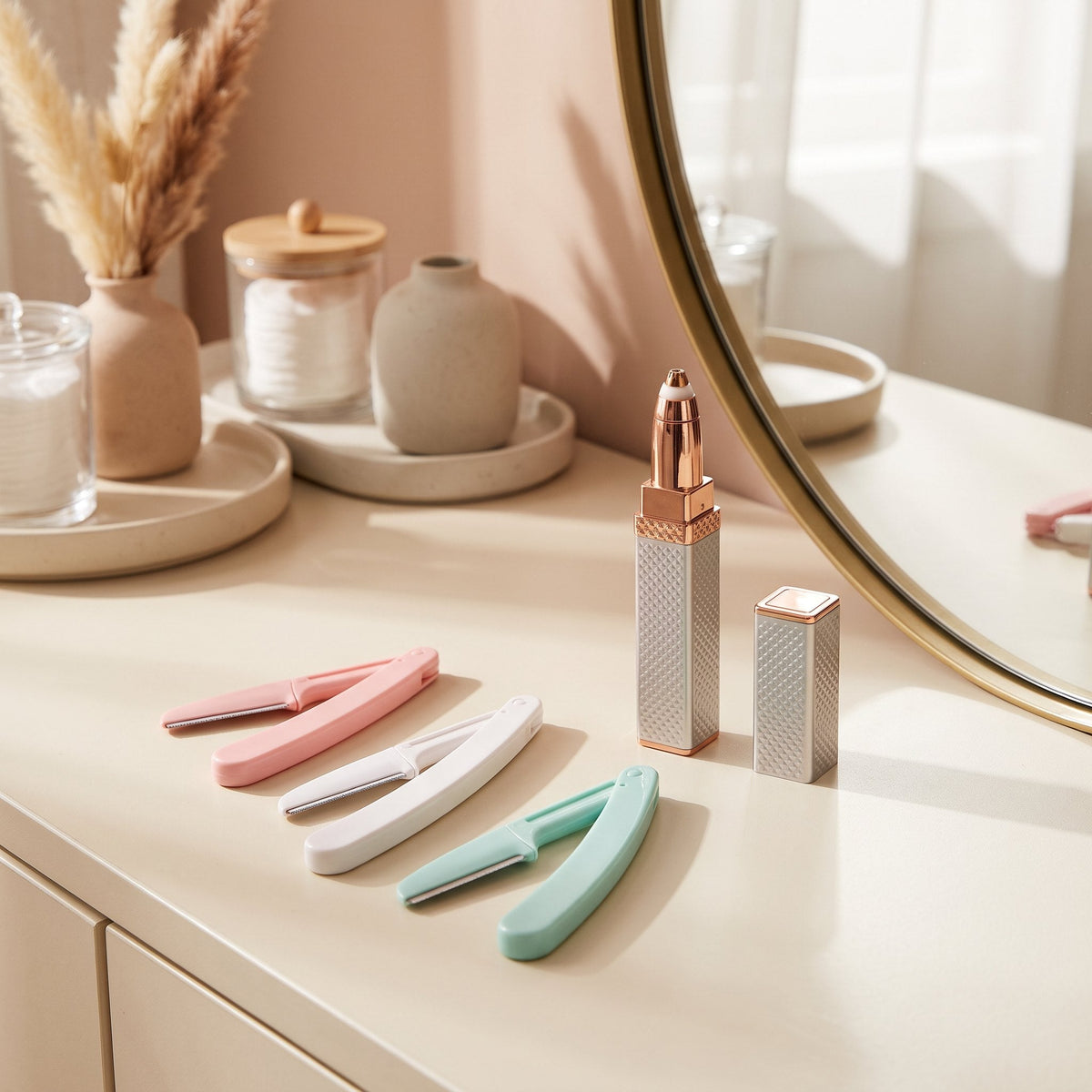Smooth Face Set on a vanity: hair remover pen and folding face razors